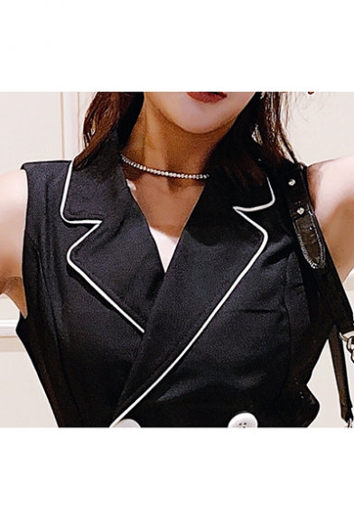 New Fashion Lapel Collar Sleeveless Double Breasted Belted Contrast Piping A-line Mini Black Blazer Dress