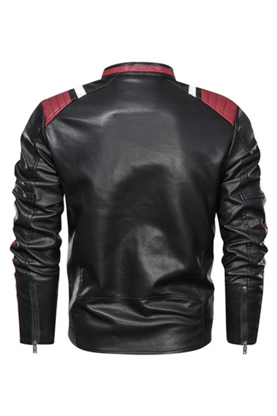 New Stylish Colorblock Peint Long Sleeve Stand-Collar Zip Up Casual Leather Jacket For Men
