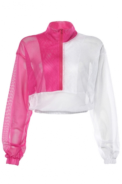 New Stylish Half-Zip Stand Up Collar Sheer Mesh Pink And White Color Block Cropped Pullover Sweatshirt