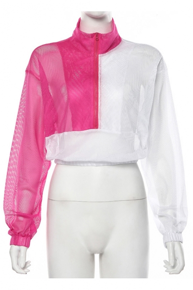 New Stylish Half-Zip Stand Up Collar Sheer Mesh Pink And White Color Block Cropped Pullover Sweatshirt