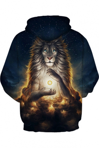 New Stylish Lion King 3D Printed Long Sleeve Loose Fit Navy Pullover Hoodie