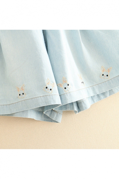 New Trendy Drawstring Waist Rabbit Embroidered Casual Loose Denim Shorts