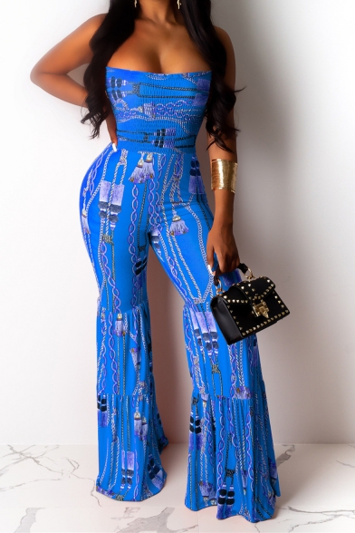 New Trendy Strapless Sleeveless Chain Printed Flare Leg Shirred Bandeau Jumpsuits
