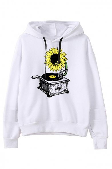 New Trendy White Long Sleeve Gramophone Sunflower Printed Loose Hoodie