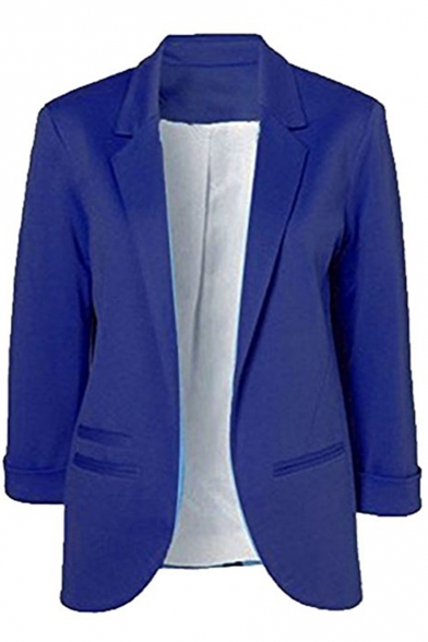 Office Lady Fancy Solid Color Notched Lapel Collar Three-Quarter Sleeve Commute Slim Blazer Coat