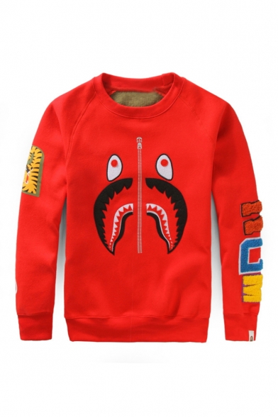 Popular Cartoon Shark Camouflage Letter Pattern Embroidery Detail Round Neck Long Sleeve Casual Pullover Sweatshirts