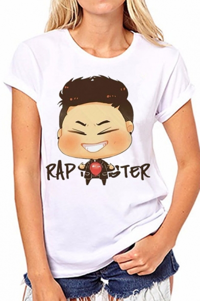 Popular Kpop Boy Band Cartoon Figure Printed White Short Sleeve T-Shirt
