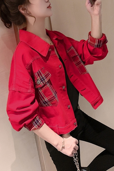Red Lapel Collar Plaid Pattern Panel Pockets Long Sleeve Street Style Cropped Jacket Coat