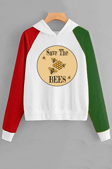 SAVE THE BEES Letter Bee Circle Printed Color Block Long Sleeve Hoodie