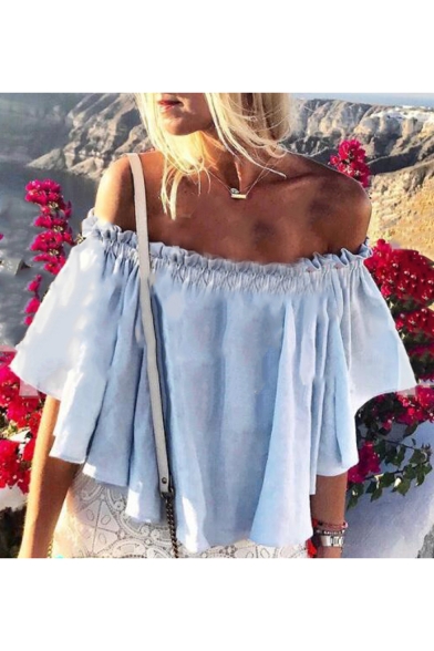 Sexy Off The Shoulder Bell Sleeve Loose Ruffle Hem Loose Blouse&Top