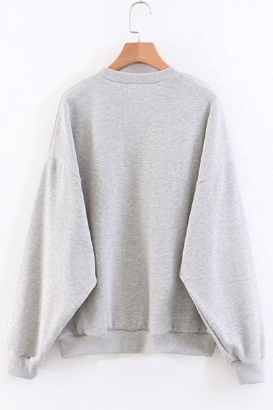 Simple Letter Print Long Sleeve Round Neck Grey Pullover Sweatshirt