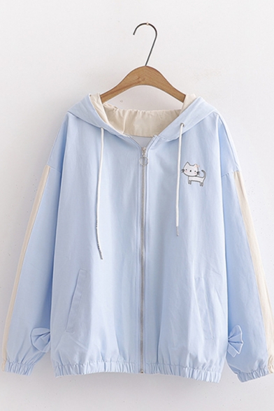 Students Preppy Style Cat Embroidery Bow Embellished Zip Up Hooded Jacket