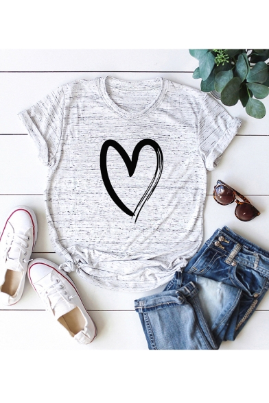 Summer Fashion Simple Heart Print Short Sleeve Round Neck Cotton T-Shirt