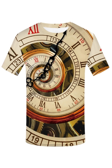 Summer Hot Fashion 3D Time Pattern Round Neck Short Sleeve khaki T-Shirt For Men