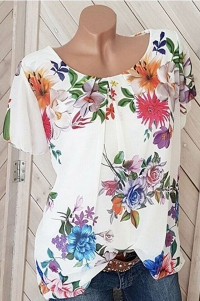 Summer Hot Fashion Short Sleeve Round Neck Floral Printed Elegant T-Shirt