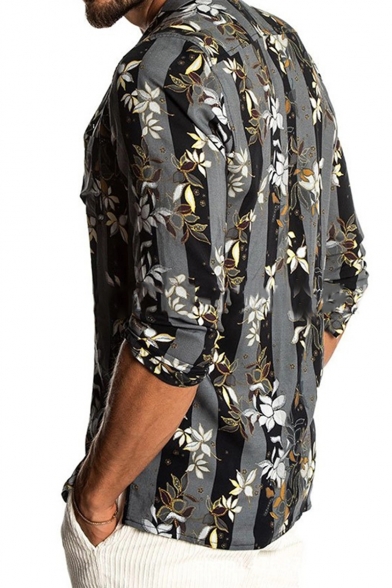 Summer Popular Lapel Collar Short Sleeve Floral Printed Leisure Black Shirt