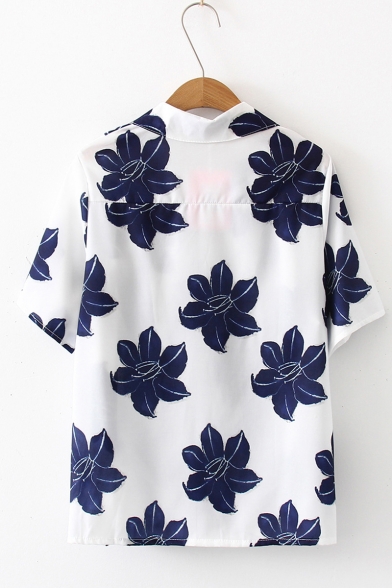 Summer Short Sleeve Lapel Collar Floral Printed Button Down Casual Loose Shirt