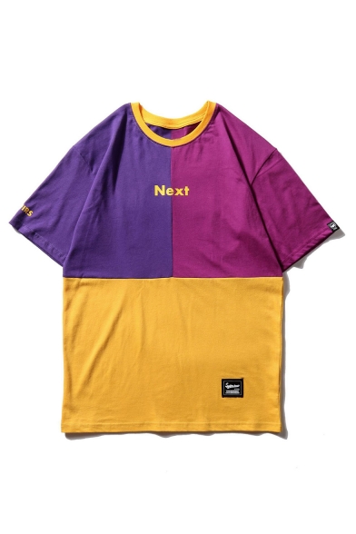 Summer Unique Letter NEXT Colorblock Pattern Round Neck Short Sleeve Hip Hop Loose T-Shirt