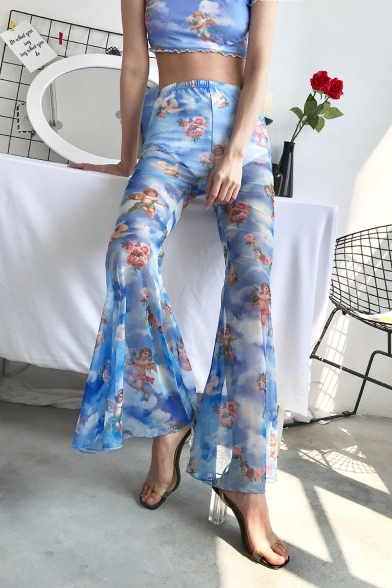 Summer Womens Hot Popular Blue Angel Baby Printed Elastic Waist Slim Fit Flared Pants