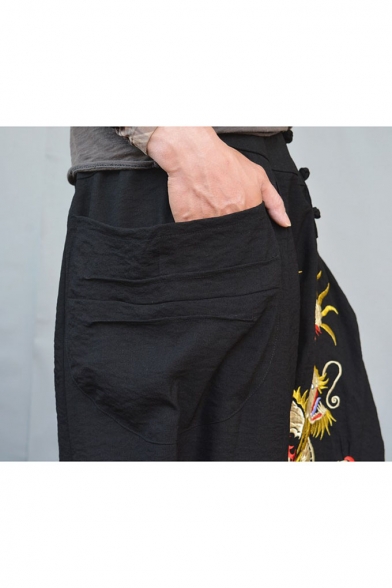 Trendy Chinese Stylish Dragon Embroidery Pattern Men's Black Baggy Drop-Crotch Harem Pants with Side Pockets