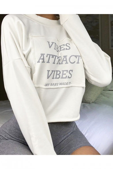 Trendy Long Sleeve Round Neck Reflective Light Letter Vibes Attract Vibes Printed Cropped Sweatshirt