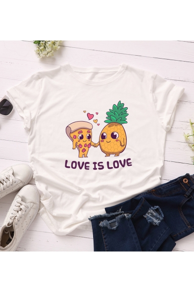 Unique Cute Comic Letter LOVE IS LOVE Pattern Round Neck Short Sleeve Casual T-Shirt