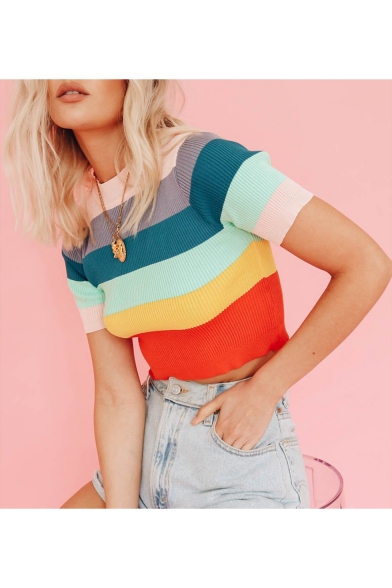 Winter Hot Fashion Rainbow Striped Printed Shorts Sleeve Cropped Knitwear Cami Tee
