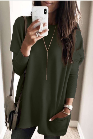 Women's New Fashion Solid Color Round Neck Long Sleeve Loose Fit T-Shirt with Pocket