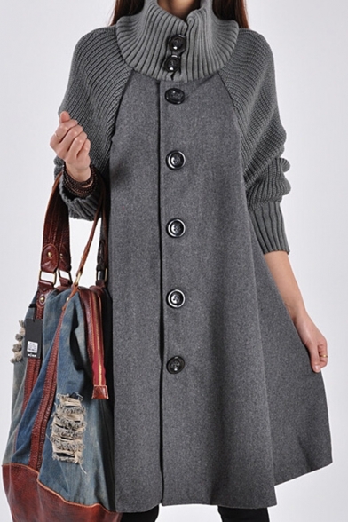 Women's New Trendy Plain High Neck Long Sleeve Button Down Longline Wool Cape Coat