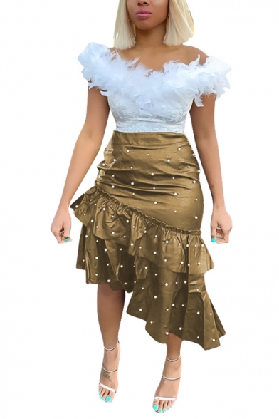 Womens Chic Fancy Beading Embellished Midi Asymmetrical Bodycon Ruffled Skirt