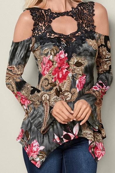 Womens Chic Floral Print Round Neck Long Sleeve Cutout Detail Irregular Black Tunic T-Shirt