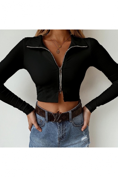 Womens Cool Plain Black Stand Collar Long Sleeve Zip Up Slim Fit Crop Sweatshirt Jacket