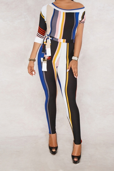 Womens Elegant One Shoulder Sleeve Tie Waist Multicolor Striped Bodycon Jumpsuits