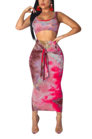 Womens Fashion Tie Dye Sexy Scoop Neck Crop Tank with Knotted Maxi Pencil Skirt Two-Piece Set
