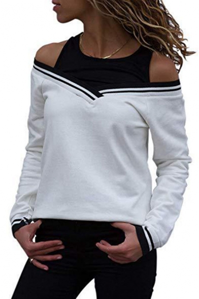 

Womens Hot Fashion Fake Two-Piece Cold Shoulder Long Sleeve T-Shirt, Black;blue;green;white;gray, LM552798