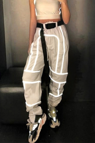 Womens Hot Fashion High Waist Belt Reflective Panelled Plain Nightclub Harem Pants