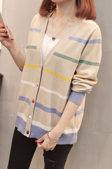 Womens New Campus Style Stripes Print V-Neck Long Sleeve Cardigan