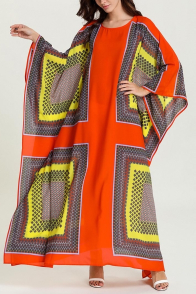 Womens New Fashion Round Neck Batwing Sleeve Geometric Pattern Loose Shift Asymmetrical Maxi Dress