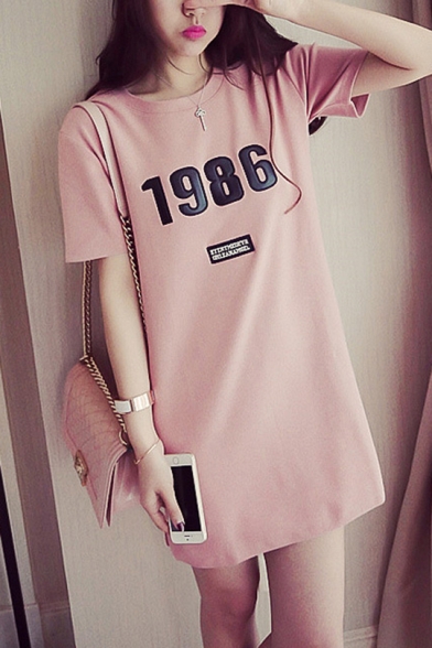 Womens New Fashion Round Neck Short Sleeve 1986 Letter Slit Loose Midi T-Shirt Shift Dress