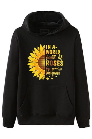 Black Long Sleeve Letter Sunflower Printed Cool Unique Hoodie with Pocket