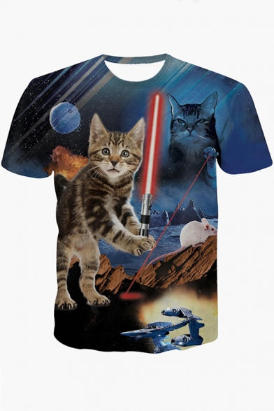 Blue Short Sleeve Round Neck 3D Cat Galaxy Mouse Cartoon Printed Loose Straight Tee