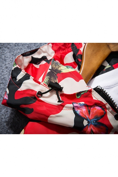 Camo Butterfly Print Long Sleeve Windproof Hooded Zipper Jacket