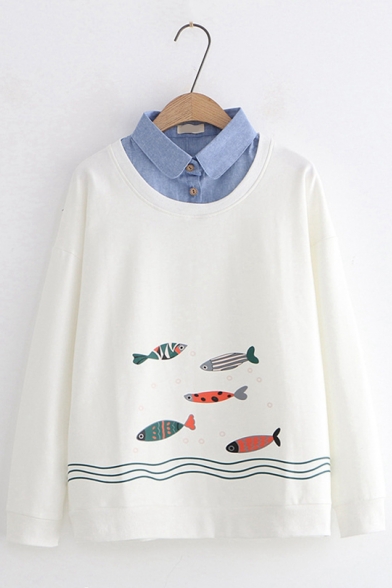 Cartoon Colorful Fish Printed Patched Lapel Collar Long Sleeve Leisure Sweatshirt