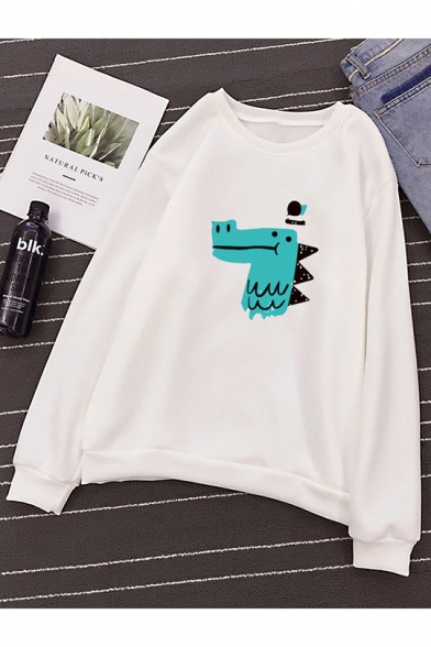 Cartoon Crocodile Printed Round Neck Long Sleeve Loose Sweatshirt