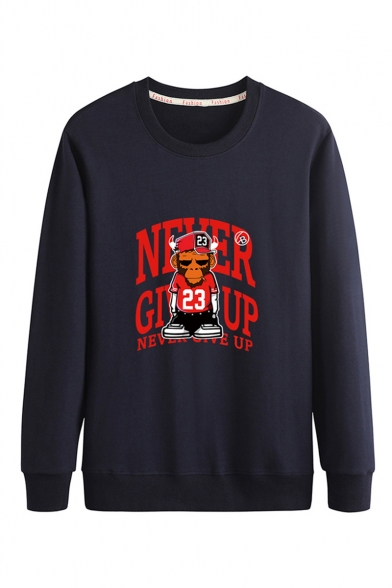 Cartoon Monkey NEVER GIVE UP Letter Printed Round Neck Long Sleeve Casual Sports Sweatshirts