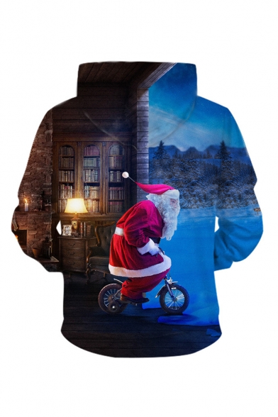 Christmas New Fashion Santa Claus 3D Printed Blue Long Sleeve Drawstring Hoodie
