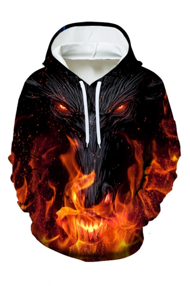 Cool Fashion Fire Wolf 3D Printed Drawstring Hooded Long Sleeve Pullover Drawstring Hoodie