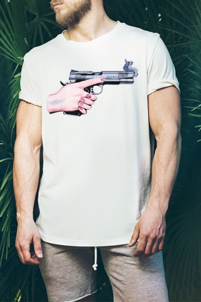 Cool Special Mens Short Sleeve Round Neck GUN Hand Printed Fashion Basic T-Shirt