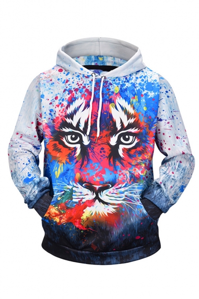 Creative Fashion Spray Paint Lion 3D Printed Long Sleeve White Casual Loose Hoodie