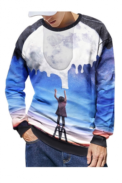 Creative Hot Fashion Paint Galaxy 3D Printed Round Neck Long Sleeve Blue Pullover Sweatshirts